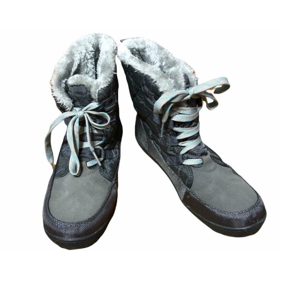 Winter Snow Boots Womens 9 Gray Quilted Tie Up Faux Suede Faux Fur Lined - Picture 1 of 11